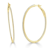 Load image into Gallery viewer, 14k Gold &amp; Diamond Skinny Hoop Earrings 1 1/2&quot; Inches

