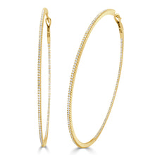 Load image into Gallery viewer, 14k Gold &amp; Diamond Skinny Hoop Earrings 2.5&quot; Inches
