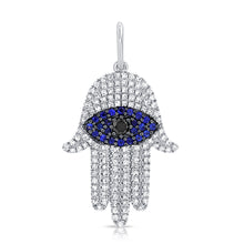 Load image into Gallery viewer, 14K Sapphire &amp; Diamond Hamsa Charm Pendant 1&quot;
