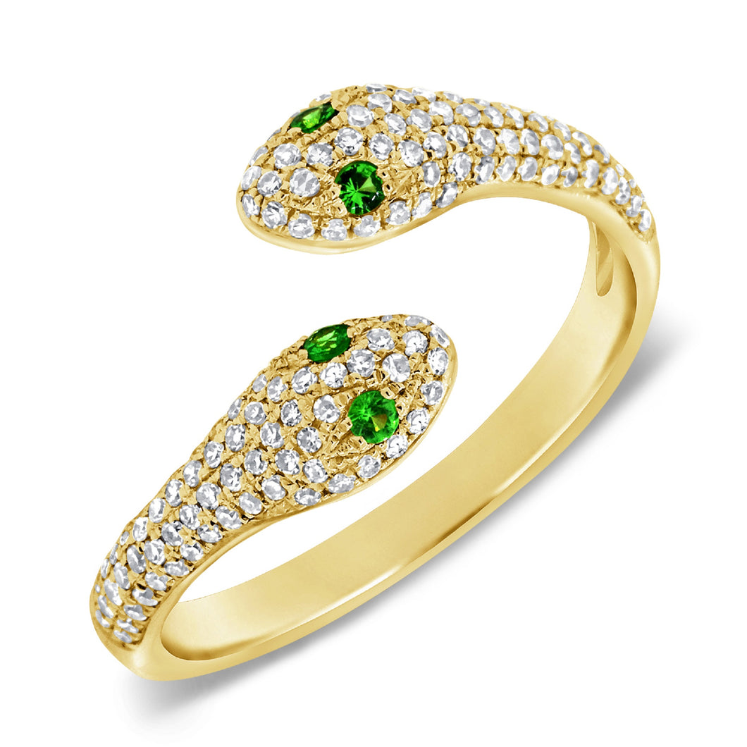 14K Yellow Gold Tsavorite & Diamond Cross Over Snake Ring