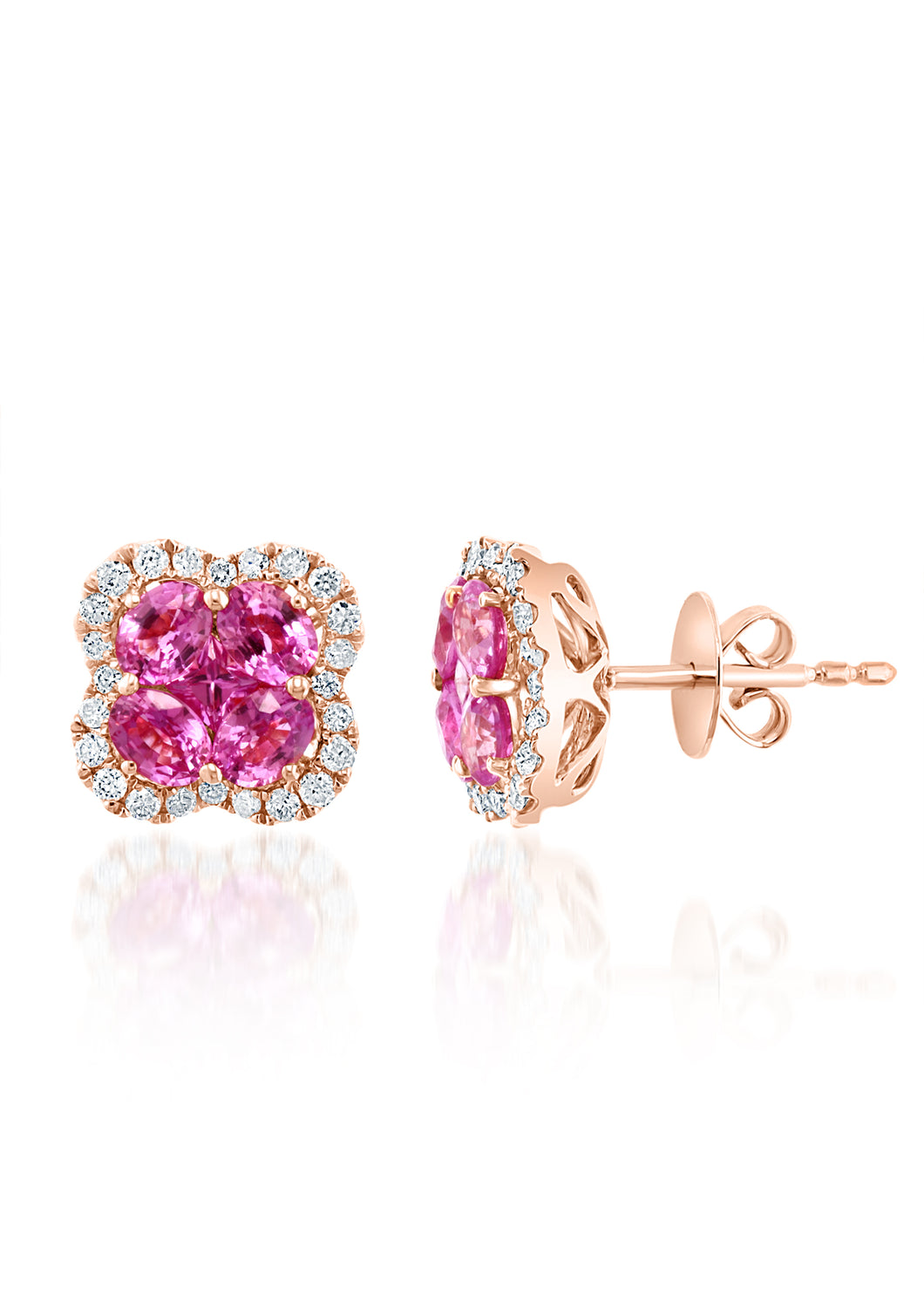 18K Rose Gold Pink Sapphire & Diamond Flower Earrings