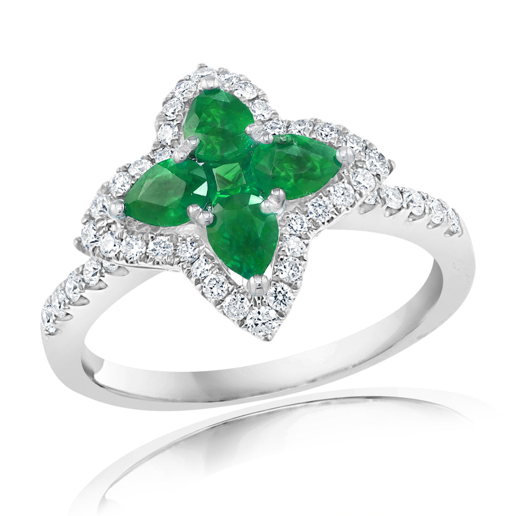 18K White Gold Emerald & Diamond Flower Ring