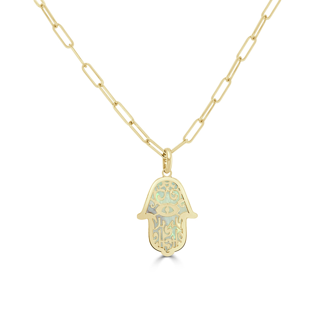 14K Yellow Gold Hamsa Mother of Pearl Necklace 18